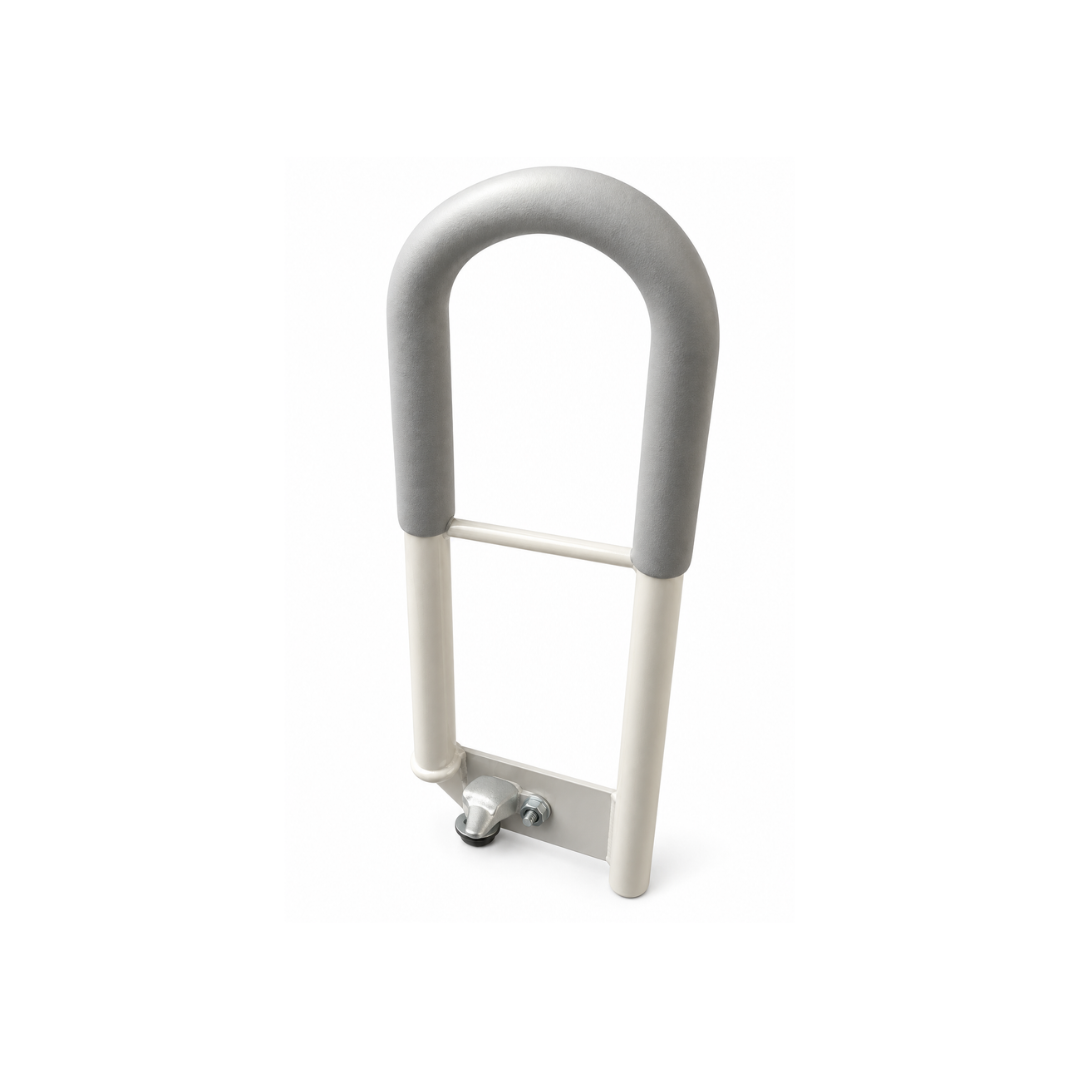 Bed Rails For Med-Mizer beds featuring a U-shaped design with a grey padded top grip, white metal base, and a bottom mounting bracket.